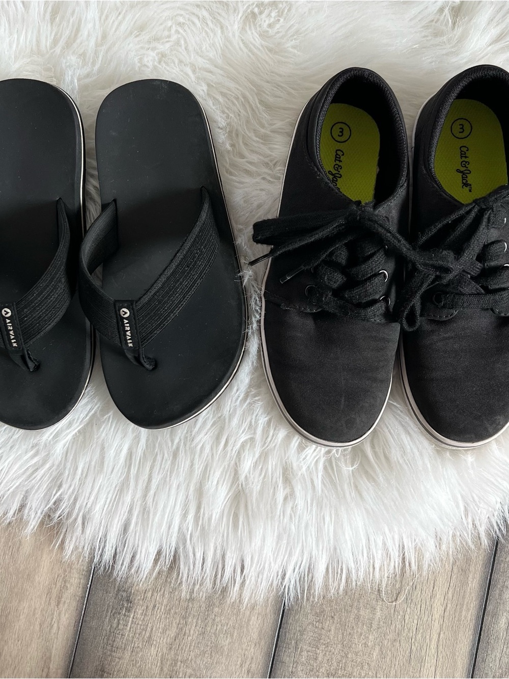 Boys Size 3 Black Canvas Sneakers & Black Flip Flops Duo